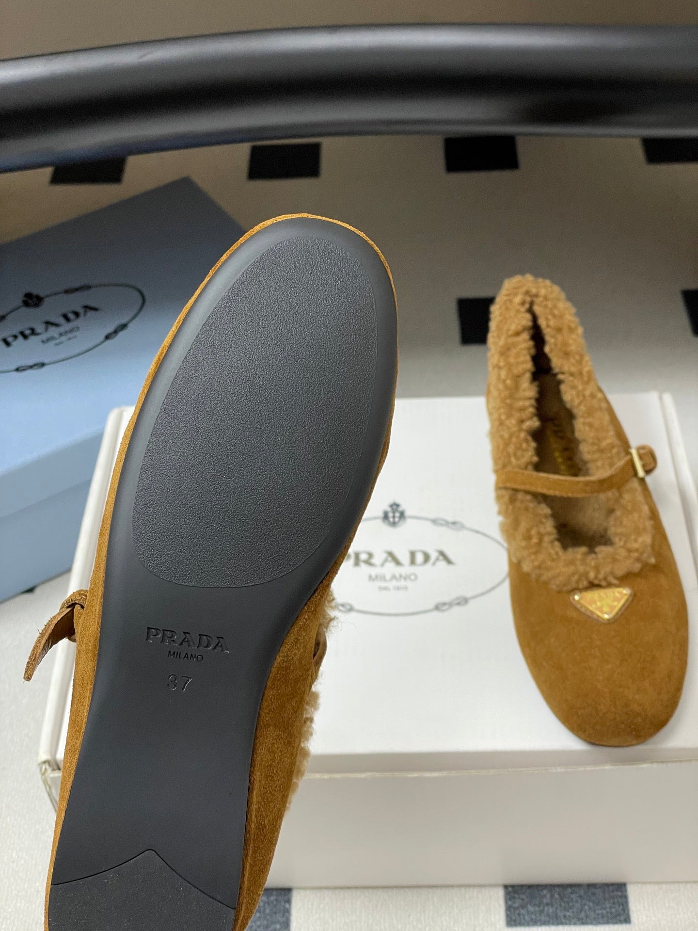 PRADA 25S MARY JANE FLATS IN DARK WALNUT BROWN SUEDE WITH GOLD HARDWARE