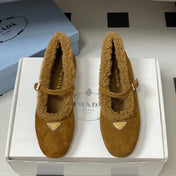 PRADA 25S MARY JANE FLATS IN DARK WALNUT BROWN SUEDE WITH GOLD HARDWARE
