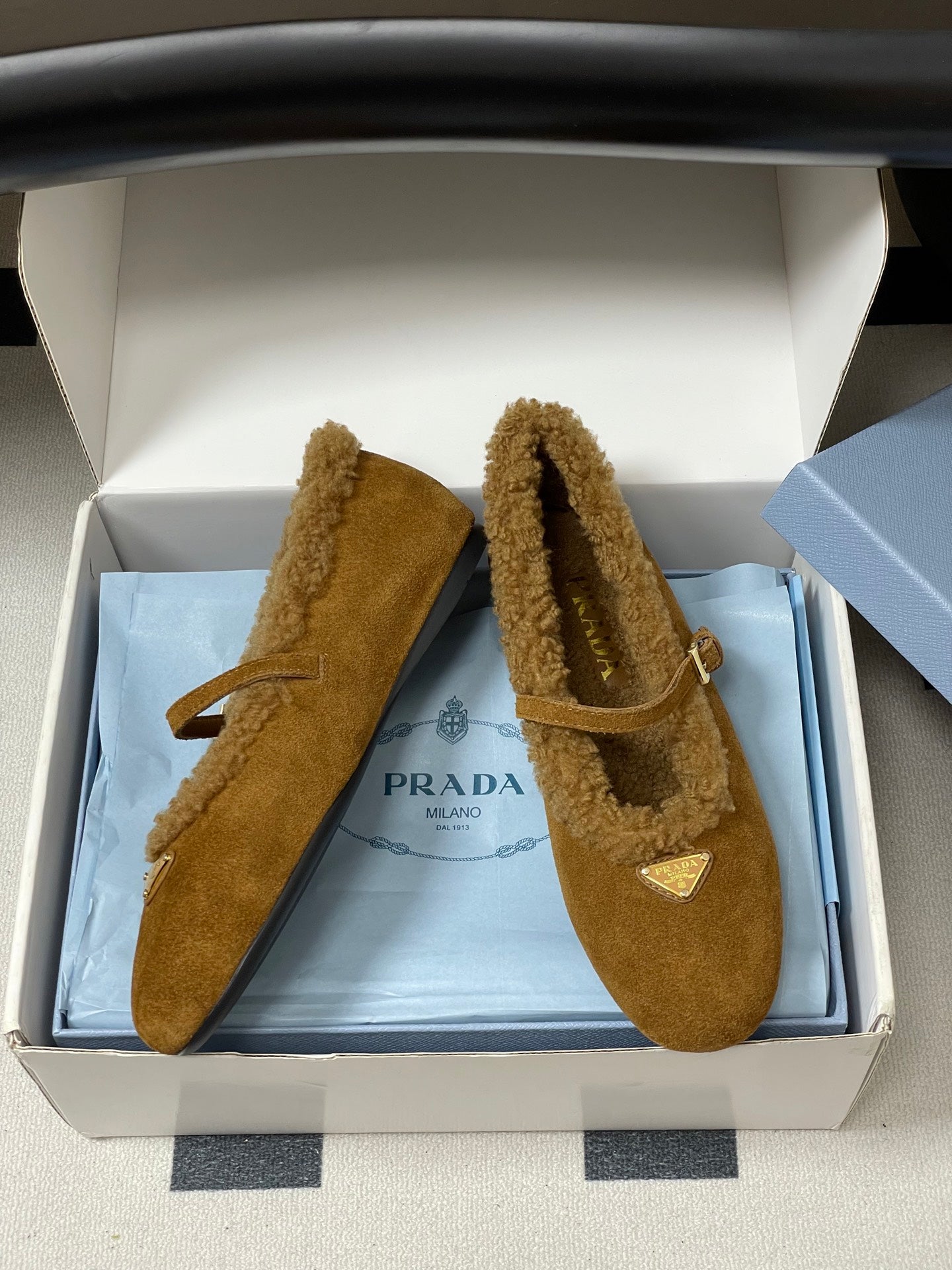 PRADA 25S MARY JANE FLATS IN DARK WALNUT BROWN SUEDE WITH GOLD HARDWARE