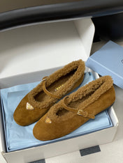 PRADA 25S MARY JANE FLATS IN DARK WALNUT BROWN SUEDE WITH GOLD HARDWARE