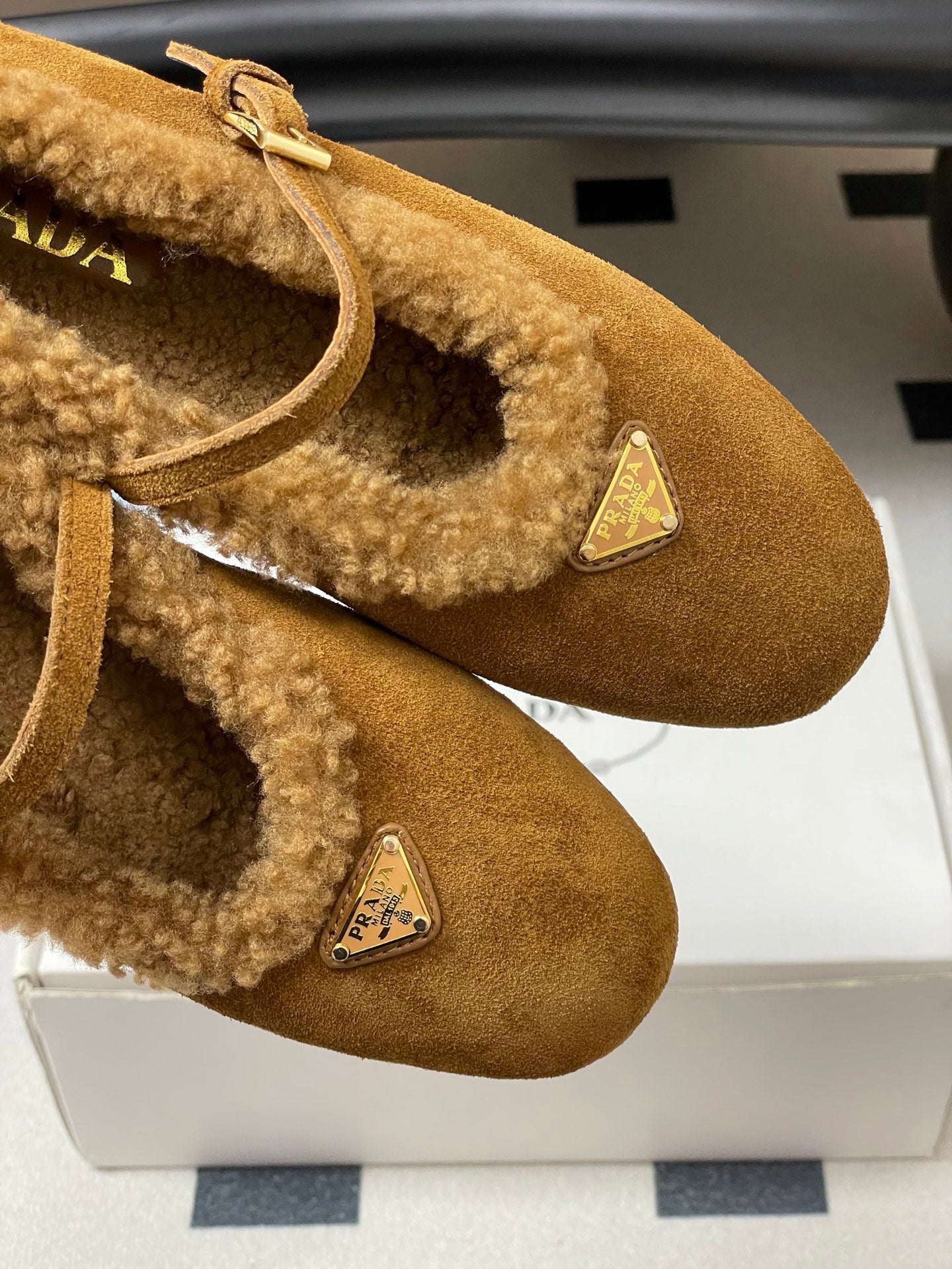 PRADA 25S MARY JANE FLATS IN DARK WALNUT BROWN SUEDE WITH GOLD HARDWARE