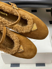 PRADA 25S MARY JANE FLATS IN DARK WALNUT BROWN SUEDE WITH GOLD HARDWARE