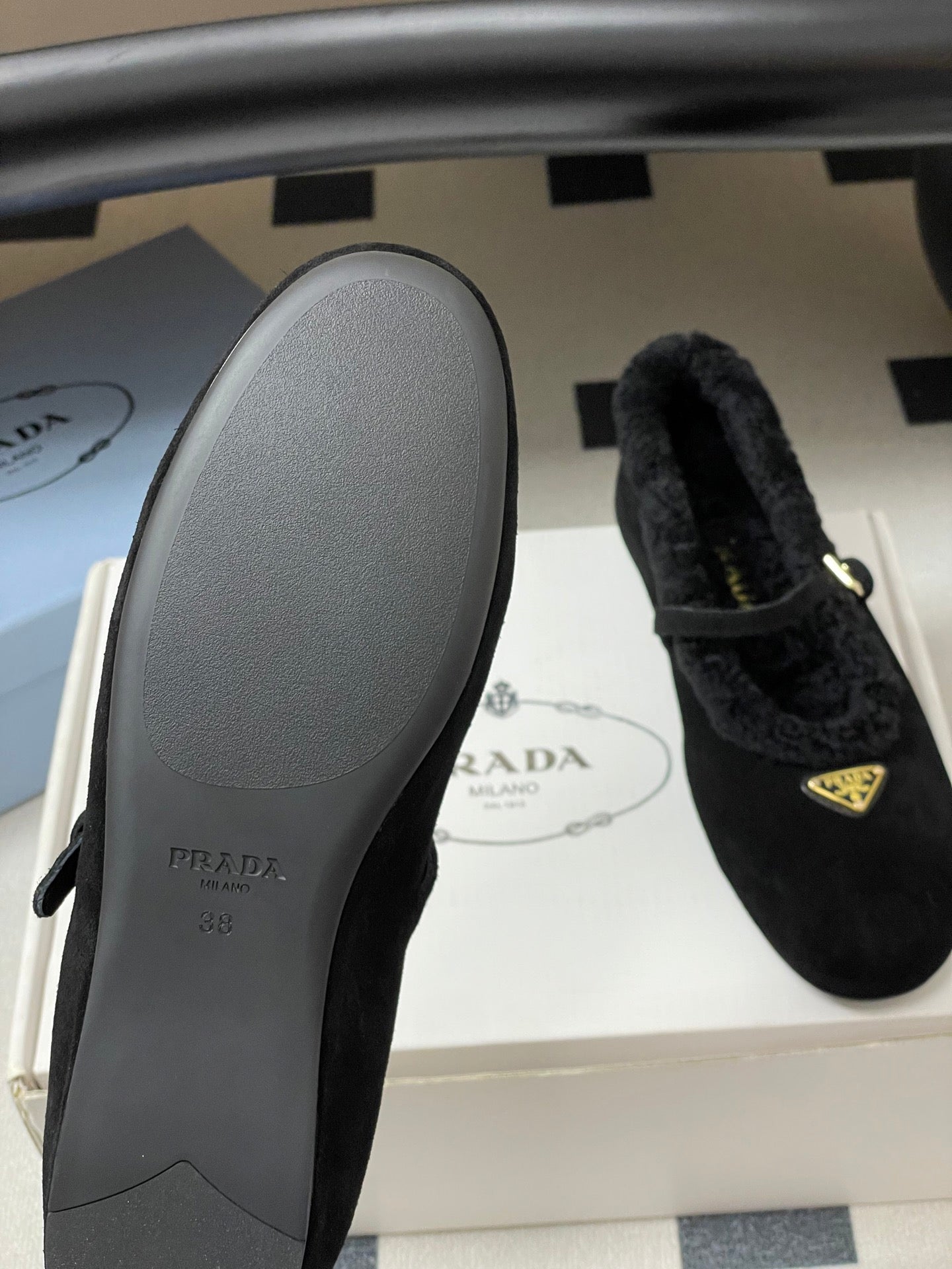 PRADA 25S MARY JANE FLATS IN BLACK SUEDE WITH GOLD HARDWARE