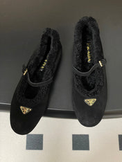PRADA 25S MARY JANE FLATS IN BLACK SUEDE WITH GOLD HARDWARE