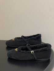 PRADA 25S MARY JANE FLATS IN BLACK SUEDE WITH GOLD HARDWARE