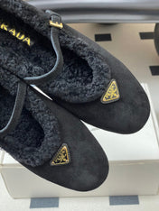 PRADA 25S MARY JANE FLATS IN BLACK SUEDE WITH GOLD HARDWARE