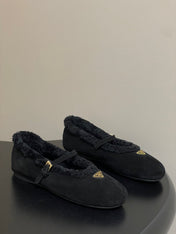 PRADA 25S MARY JANE FLATS IN BLACK SUEDE WITH GOLD HARDWARE