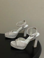 CHANEL 26S HIGH HEEL SANDALS 120 MM IN CREAM BEIGE SUEDE