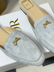 DIOR 26S MULES IN LIGHT BLUE GRAY SUEDE WITH BOW