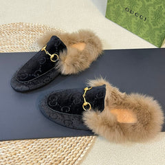 HORSEBIT MULE IN BLACK MONOGRAM VELVET AND LAMB WOOL LINING