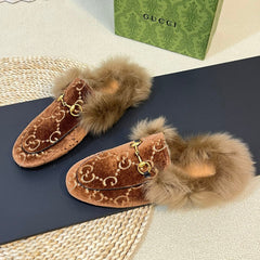 HORSEBIT MULE IN SYRUP BROWN MONOGRAM VELVET AND LAMB WOOL LINING