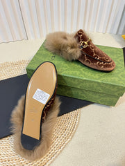 HORSEBIT MULE IN SYRUP BROWN MONOGRAM VELVET AND LAMB WOOL LINING