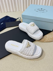 PRA CROCHET FLATFORM SLIDES WHITE RAFFIA