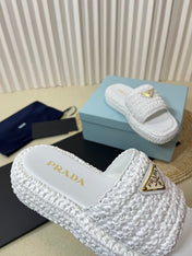 PRA CROCHET FLATFORM SLIDES WHITE RAFFIA