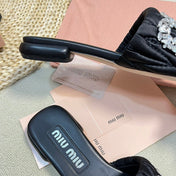Women's Black Leather Diamond Slippers