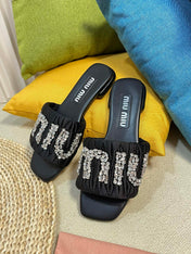 Women's Black Leather Diamond Slippers