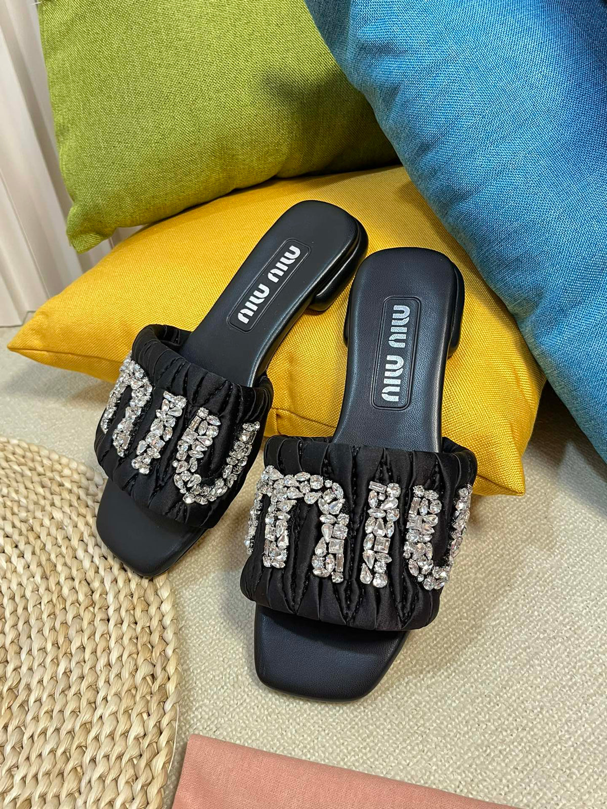 Women's Black Leather Diamond Slippers