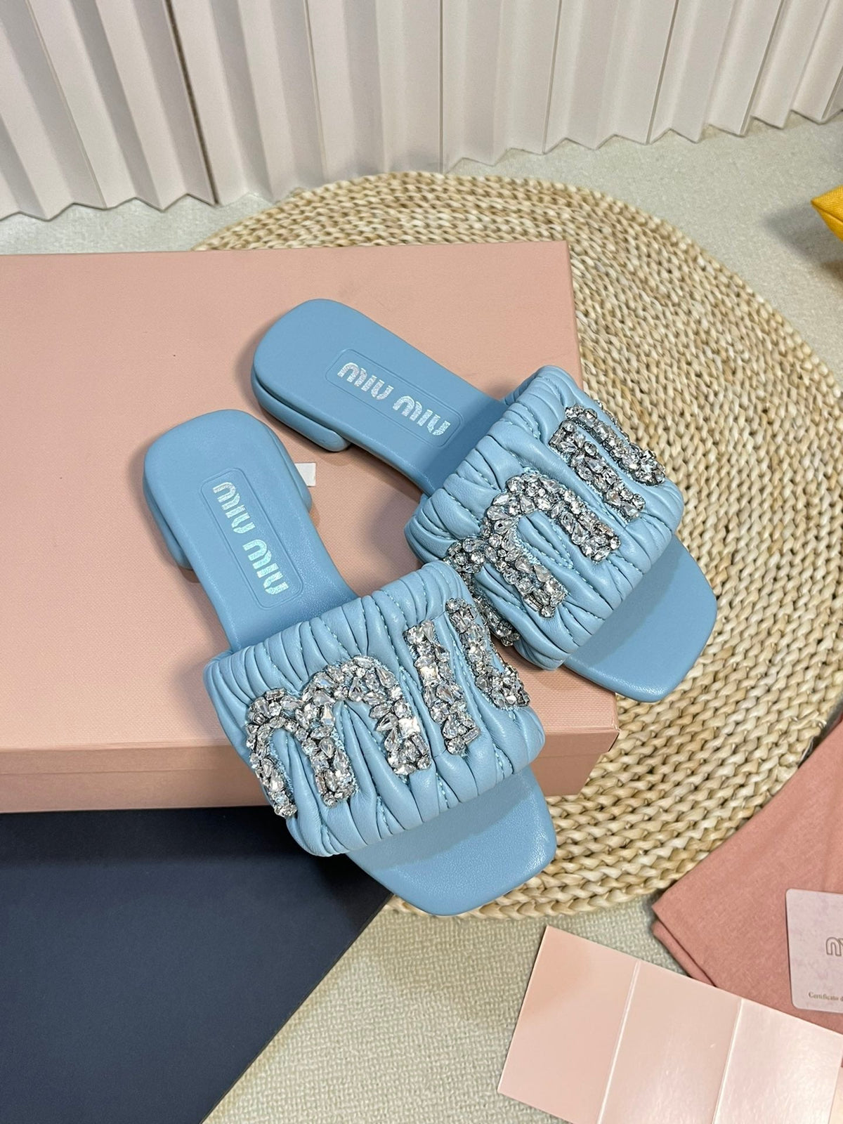 Women's Sky Blue Leather Diamond Slippers
