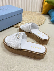 PRA WEDGE FLATFORM SLIDES WHITE RAFFIA