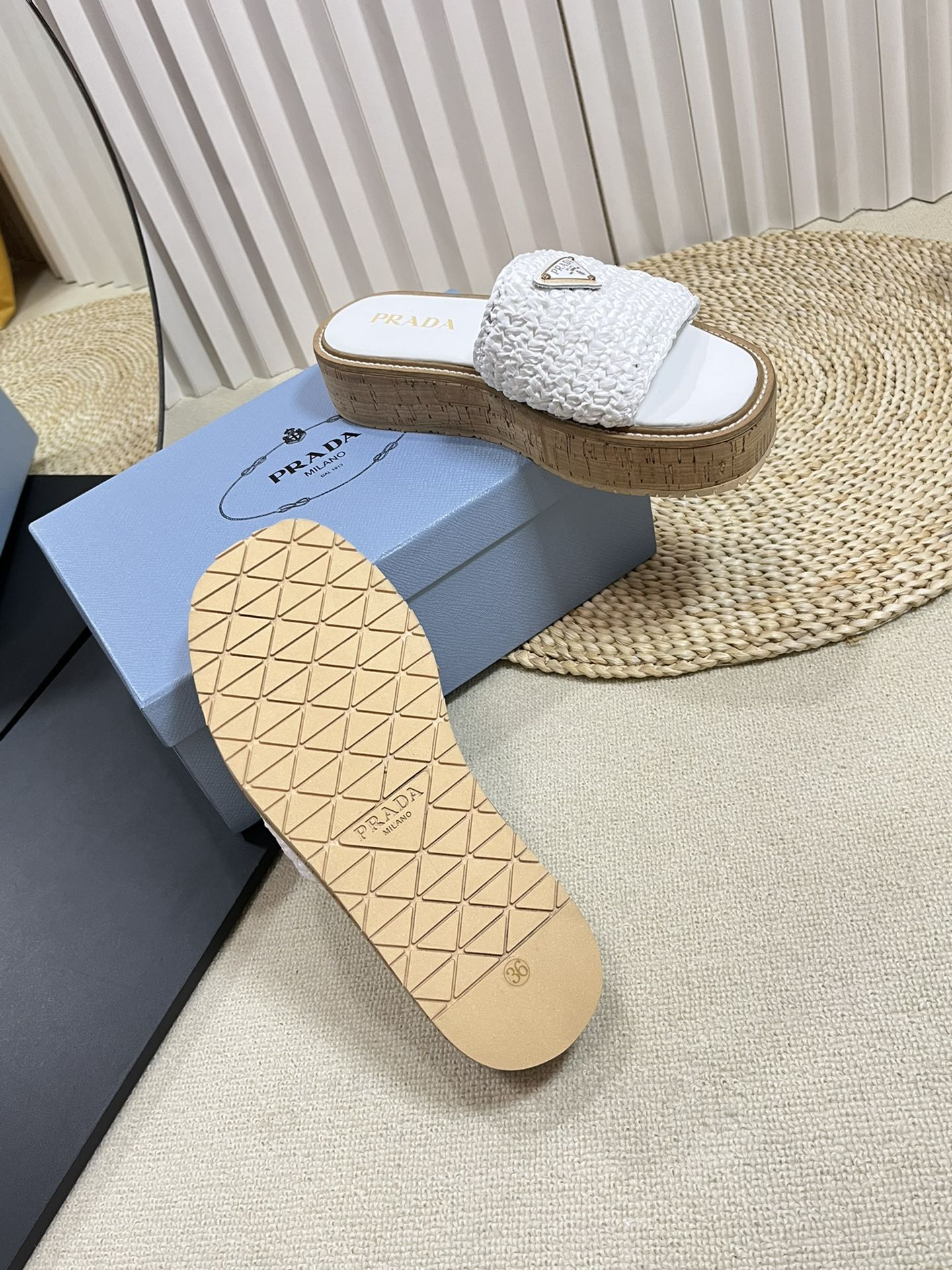 PRA WEDGE FLATFORM SLIDES WHITE RAFFIA