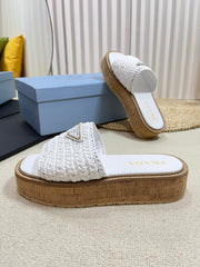 PRA WEDGE FLATFORM SLIDES WHITE RAFFIA