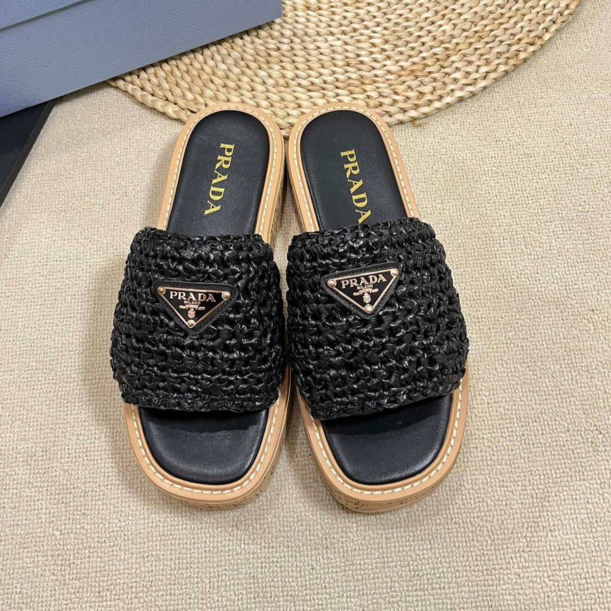 PRA WEDGE FLATFORM SLIDES BLACK RAFFIA