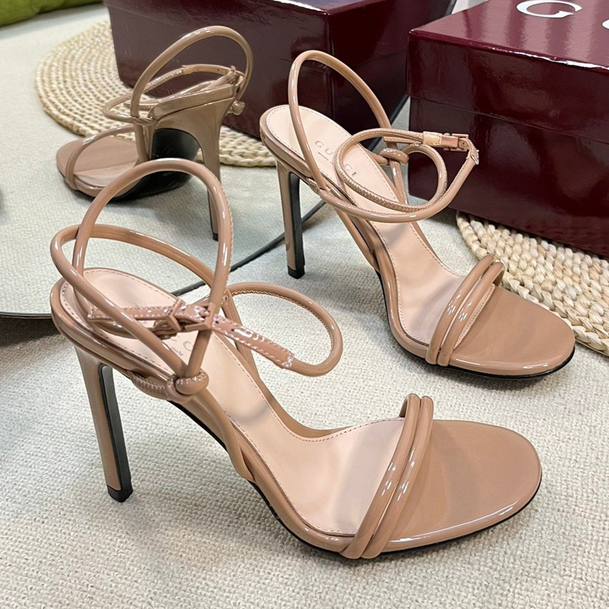 HIGH SANDAL 10 CM IN TAN BEIGE GLOSSY CALFSKIN