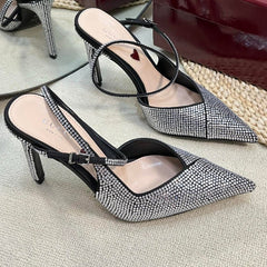 HIGH SLINGBACK 10 CM IN BLACK SILK WITH FULL RHINSTONES