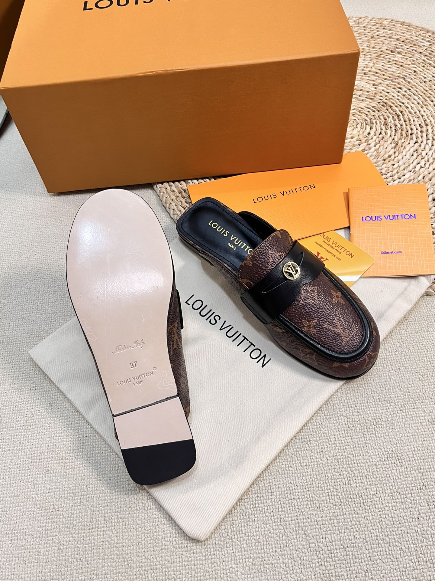LV CAPRI OPEN BACK LOAFERS IN CHESTNUT BROWN MONOGRAM CALFSKIN