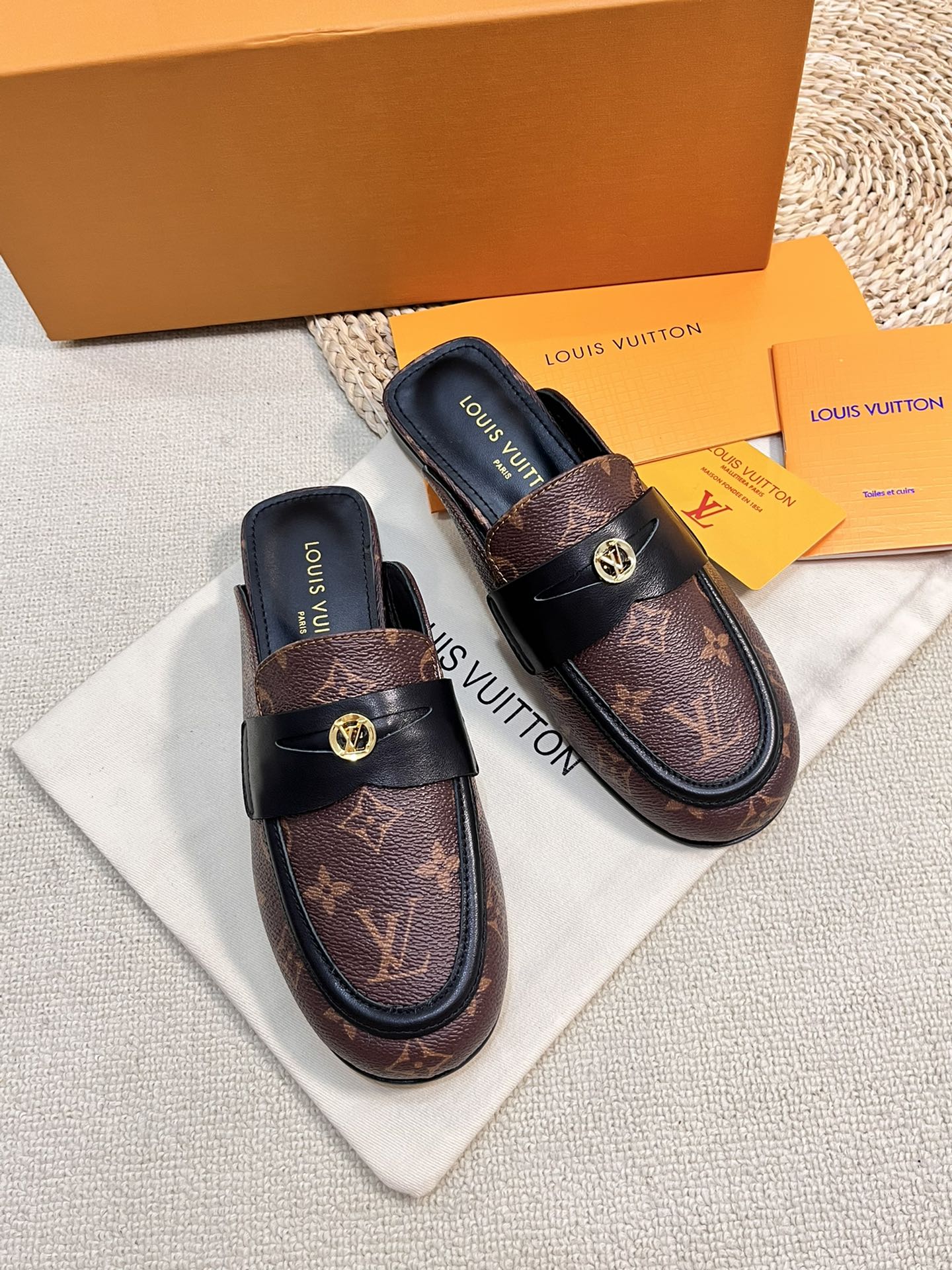 LV CAPRI OPEN BACK LOAFERS IN CHESTNUT BROWN MONOGRAM CALFSKIN