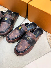 LV CAPRI OPEN BACK LOAFERS IN CHESTNUT BROWN MONOGRAM CALFSKIN