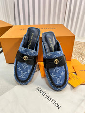 LV CAPRI OPEN BACK LOAFERS IN COBALT BLUE MONOGRAM DENIM