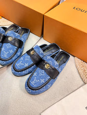 LV CAPRI OPEN BACK LOAFERS IN COBALT BLUE MONOGRAM DENIM