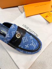 LV CAPRI OPEN BACK LOAFERS IN COBALT BLUE MONOGRAM DENIM