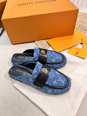 LV CAPRI OPEN BACK LOAFERS IN COBALT BLUE MONOGRAM DENIM
