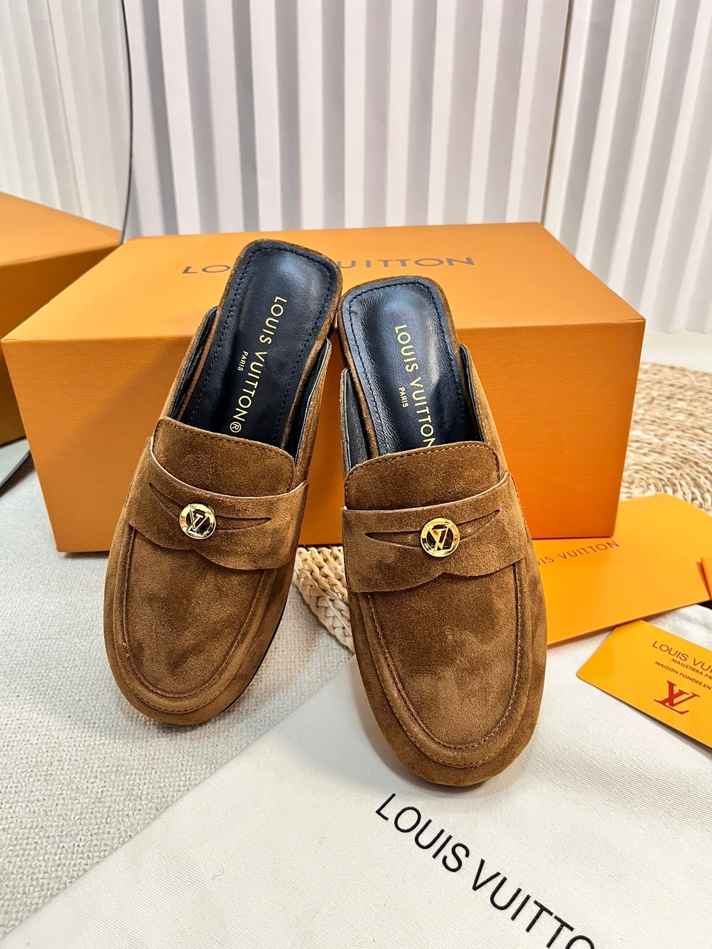 LV CAPRI OPEN BACK LOAFERS IN CHOCOLATE BROWN SUEDE