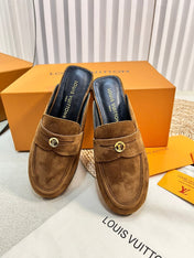 LV CAPRI OPEN BACK LOAFERS IN CHOCOLATE BROWN SUEDE