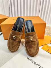 LV CAPRI OPEN BACK LOAFERS IN CHOCOLATE BROWN SUEDE
