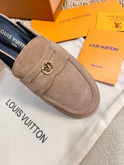 LV CAPRI OPEN BACK LOAFERS IN MEDIUM BROWN SUEDE