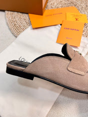 LV CAPRI OPEN BACK LOAFERS IN MEDIUM BROWN SUEDE