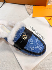 FLAT MULE IN COBALT BLUE MONOGRAM DENIM AND SHEARLING LINING