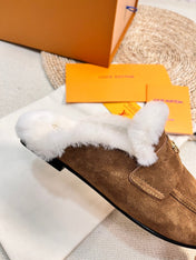 LV COSY FLAT COMFORT CLOG IN RUSSET BROWN SUEDE AND SHEARLING LINING