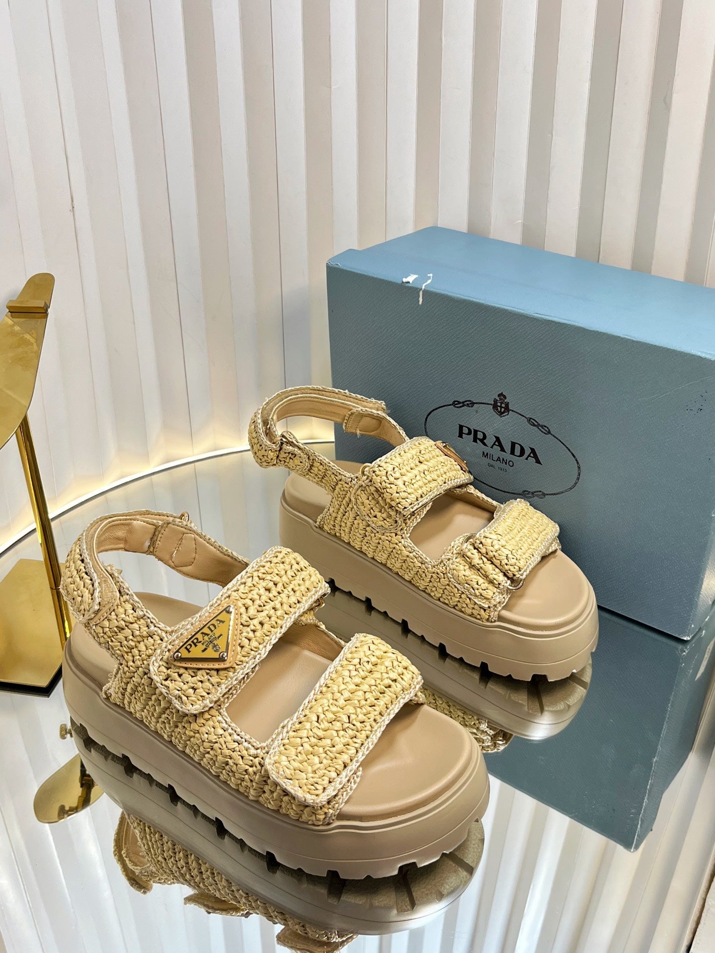 PRA THICK-SOLED SLIDE IN BEIGE RAFFIA