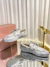 MIUMIU 26S FUR BOAT SHOES IN LIGHT GRAY CALFSKIN