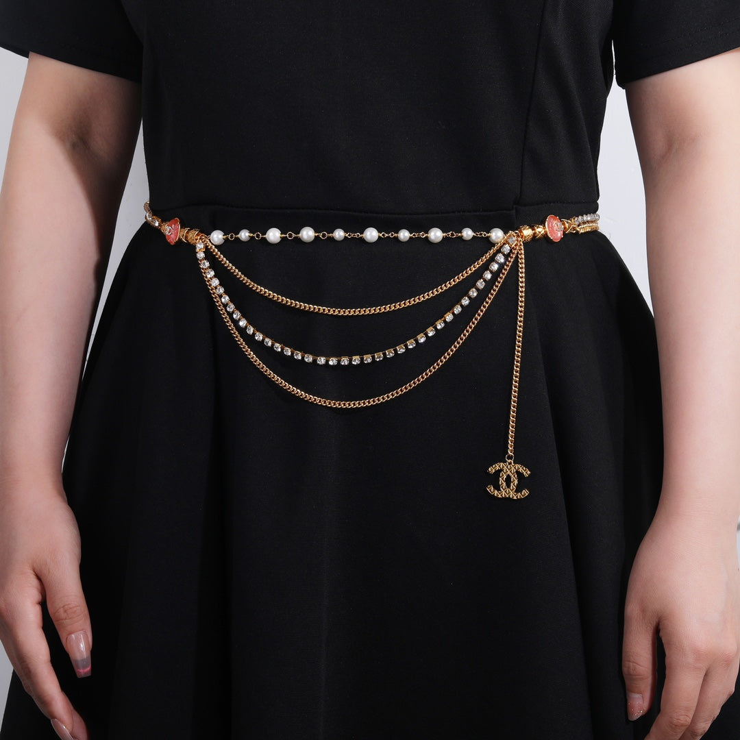 CHANEL 25S GOLD CHAIN BELT WITH PEARL 611794