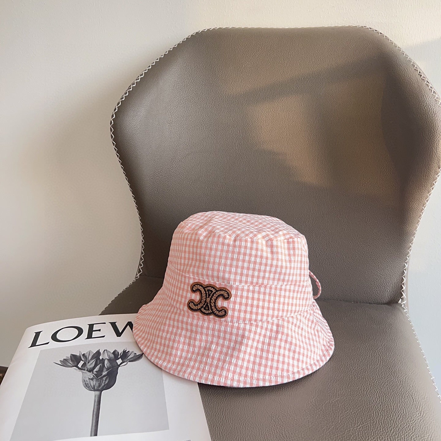 BUCKET HAT MODEL 652075 IN PINK & WHITE GINGHAM FABRIC