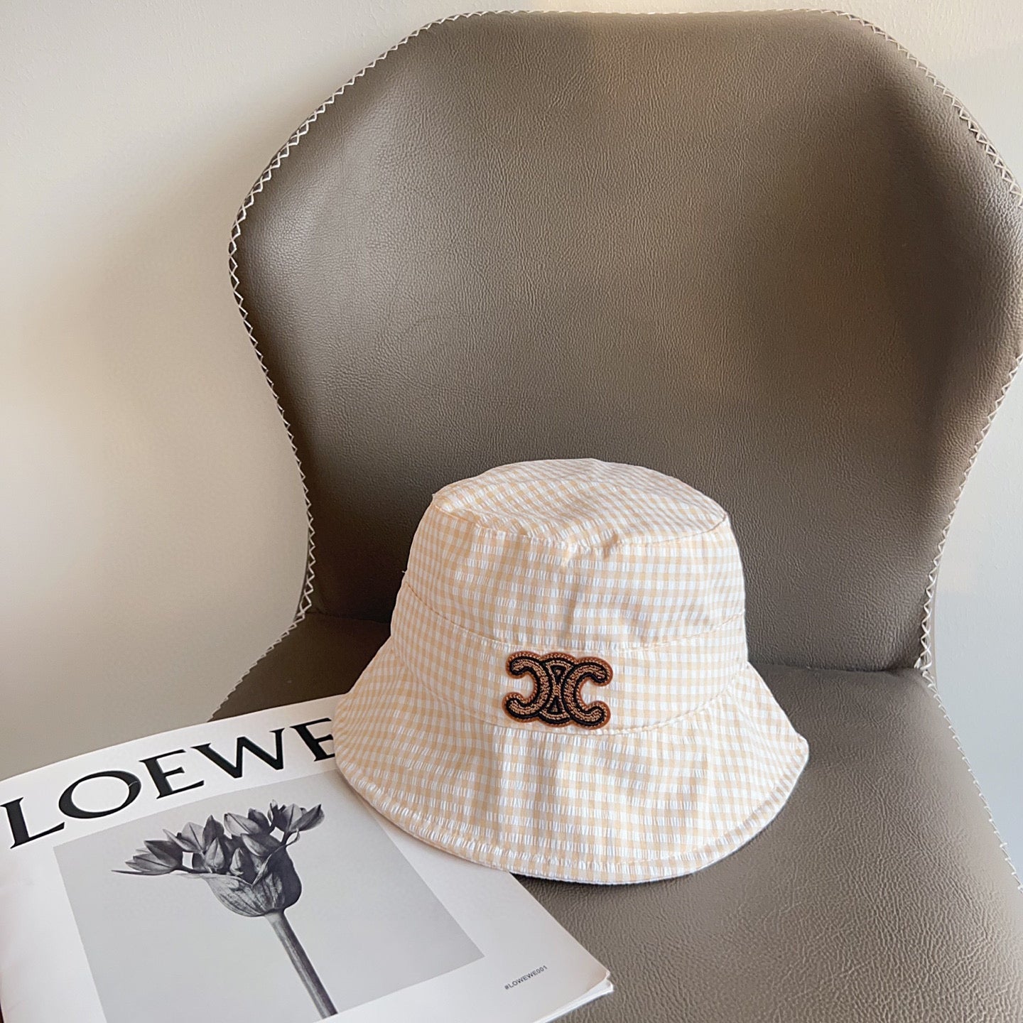 BUCKET HAT MODEL 652076 IN ORANGE & WHITE GINGHAM FABRIC