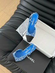 HIGH SLINGBACK IN COBALT BLUE TWEED AND BLACK LAMBSKIN