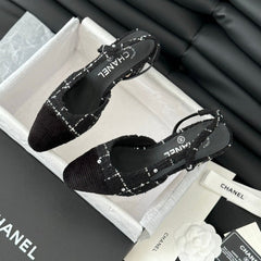 HIGH SLINGBACK IN BLACK TWEED AND LAMBSKIN