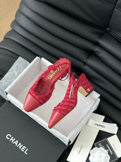 HIGH SLINGBACK IN RUBY RED TWEED AND LAMBSKIN